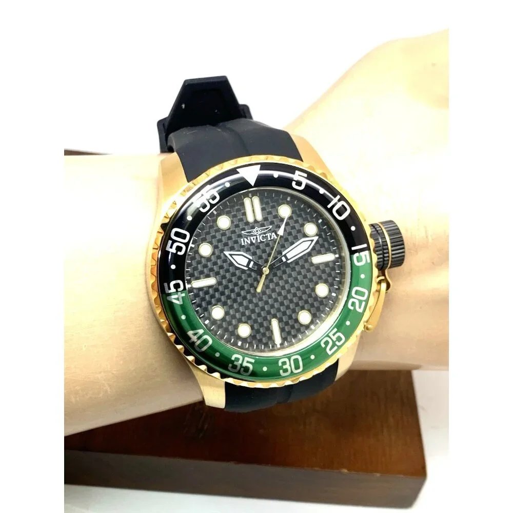 Invicta Men's Watch 35661 Pro Diver Quartz Gold Black Green Bezel Rubber Band
